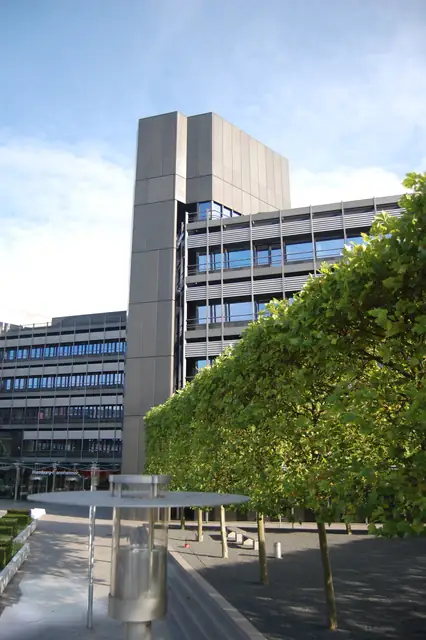 In Form geschnittene Bäume als Spalier vor einem Bürogebäude